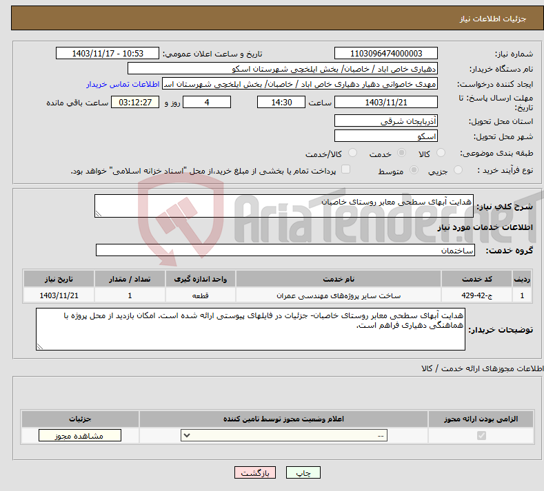 تصویر کوچک آگهی نیاز انتخاب تامین کننده-هدایت آبهای سطحی معابر روستای خاصبان 
