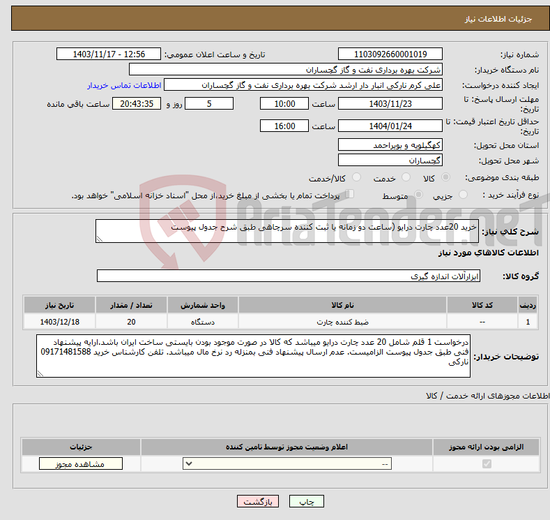 تصویر کوچک آگهی نیاز انتخاب تامین کننده-خرید 20عدد چارت درایو (ساعت دو زمانه یا ثبت کننده سرچاهی طبق شرح جدول پیوست