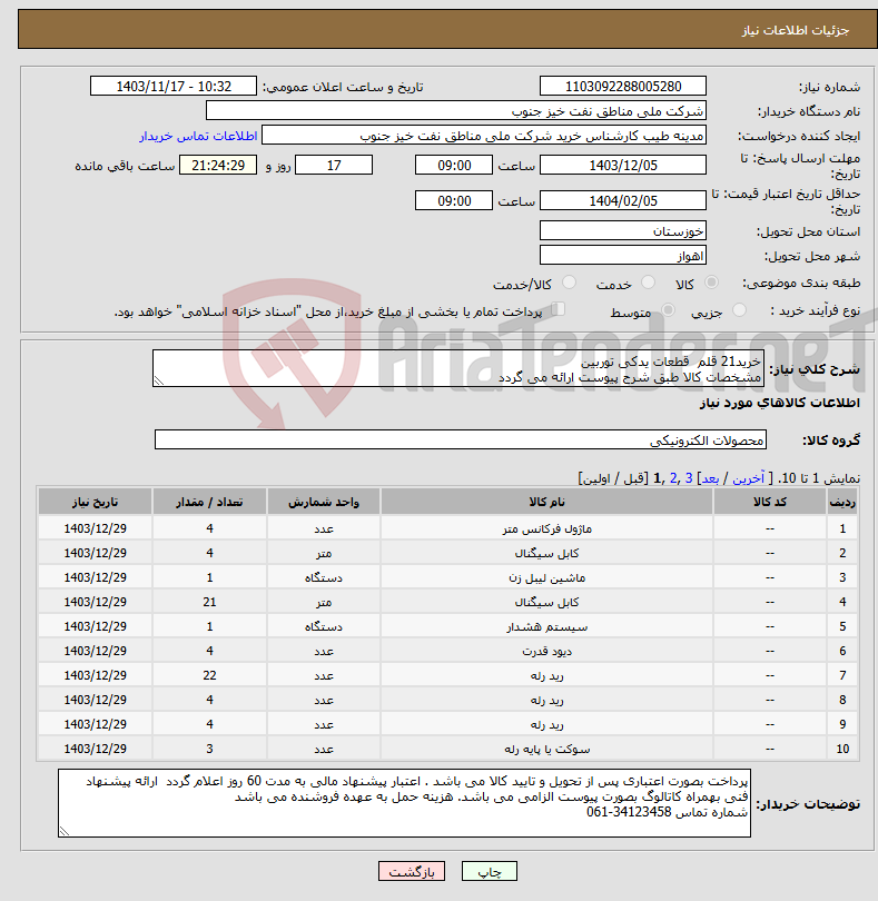 تصویر کوچک آگهی نیاز انتخاب تامین کننده-خرید21 قلم قطعات یدکی توربین مشخصات کالا طبق شرح پیوست ارائه می گردد