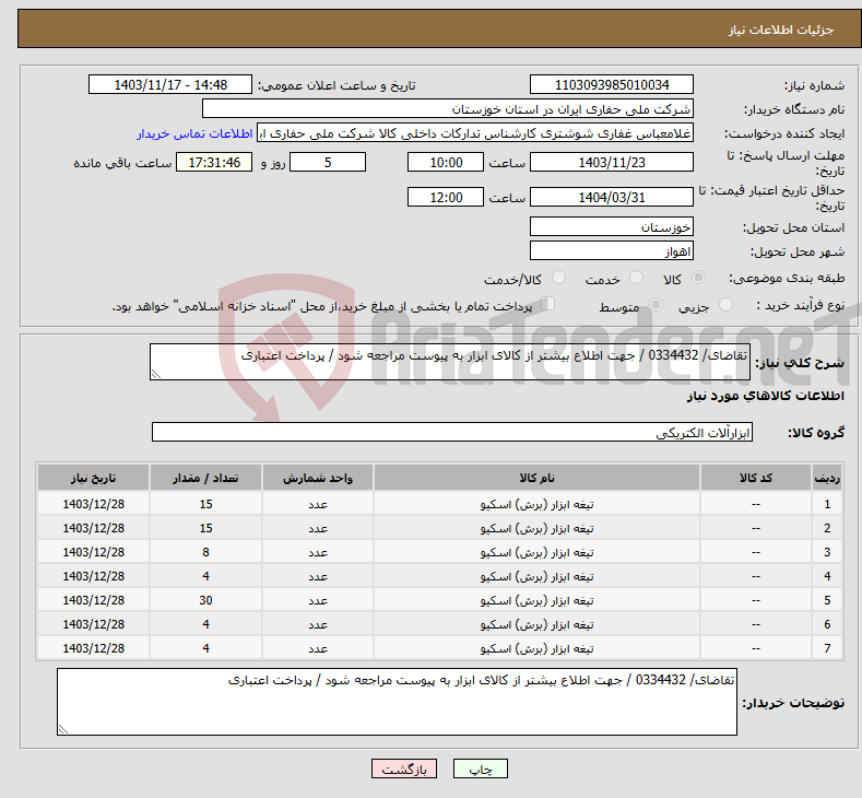 تصویر کوچک آگهی نیاز انتخاب تامین کننده-تقاضای/ 0334432 / جهت اطلاع بیشتر از کالای ابزار به پیوست مراجعه شود / پرداخت اعتباری