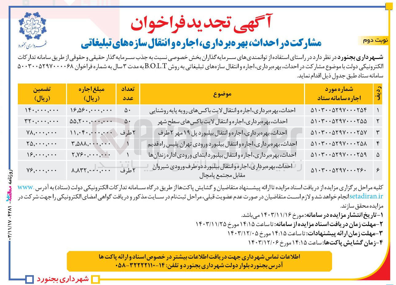 تصویر کوچک آگهی احداث بهره برداری اجاره و انتقال لایت باکسهای رویه پایه روشنایی 