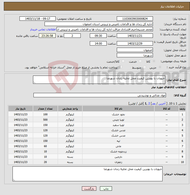 تصویر کوچک آگهی نیاز انتخاب تامین کننده-حبوبات با بهترین کیفیت محل تخلیه زندان شهرضا