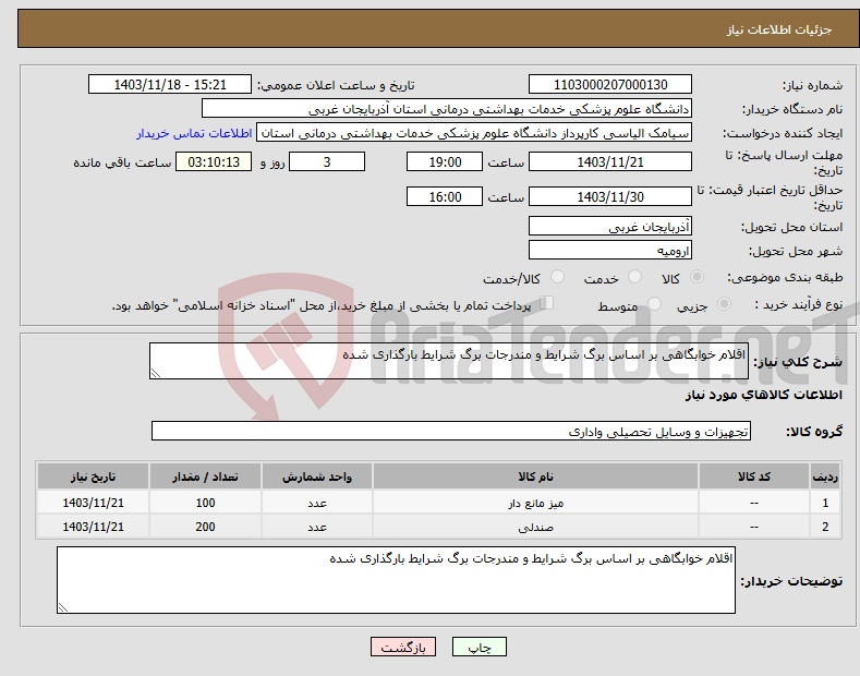 تصویر کوچک آگهی نیاز انتخاب تامین کننده-اقلام خوابگاهی بر اساس برگ شرایط و مندرجات برگ شرایط بارگذاری شده