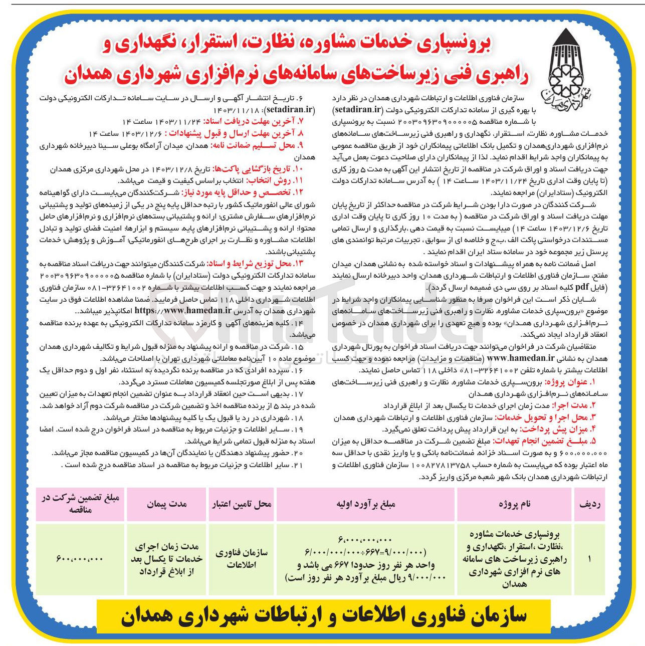 تصویر کوچک آگهی برونسپاری خدمات مشاوره نظارت ، استقرار ، نگهداری و راهبری زیر ساخت های سامانه های نرم افزاری