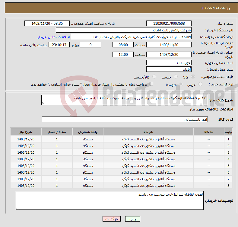 تصویر کوچک آگهی نیاز انتخاب تامین کننده-8 قلم قطعات اندازه گیری سالفر/ پیشنهاد فنی و مالی به صورت جداگانه الزامی می باشد