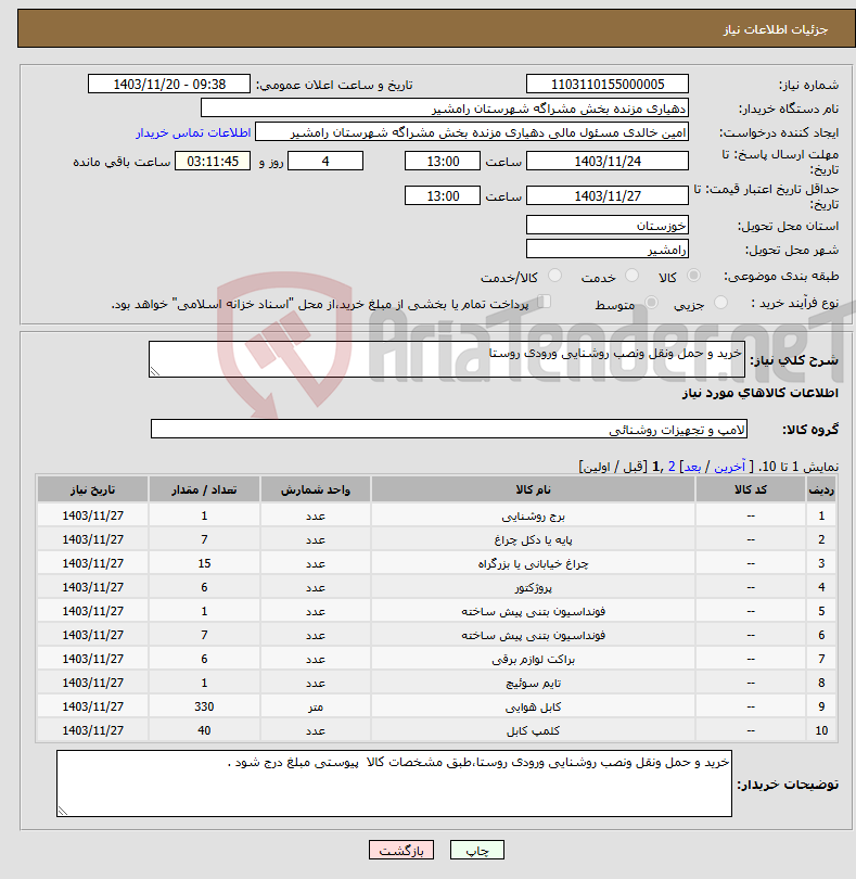 تصویر کوچک آگهی نیاز انتخاب تامین کننده-خرید و حمل ونقل ونصب روشنایی ورودی روستا