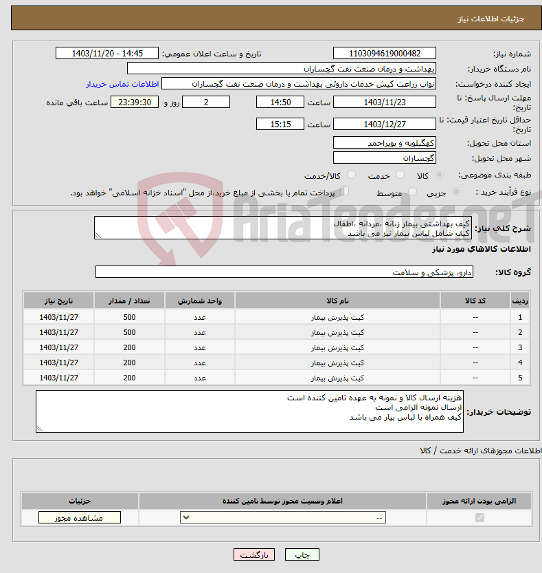 تصویر کوچک آگهی نیاز انتخاب تامین کننده-کیف بهداشتی بیمار زنانه ،مردانه ،اطفال کیف شامل لباس بیمار نیز می باشد