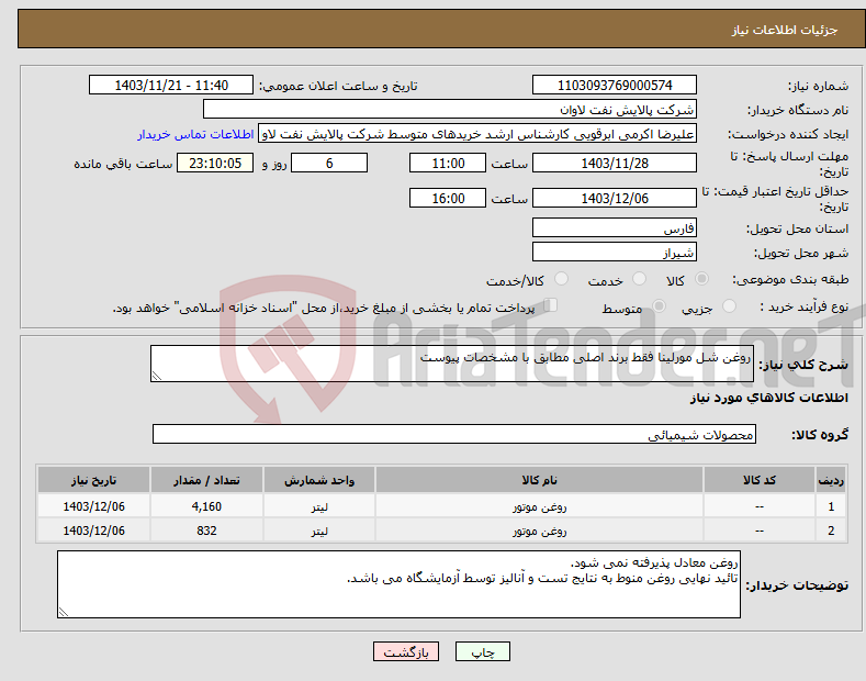 تصویر کوچک آگهی نیاز انتخاب تامین کننده-روغن شل مورلینا فقط برند اصلی مطابق با مشخصات پیوست