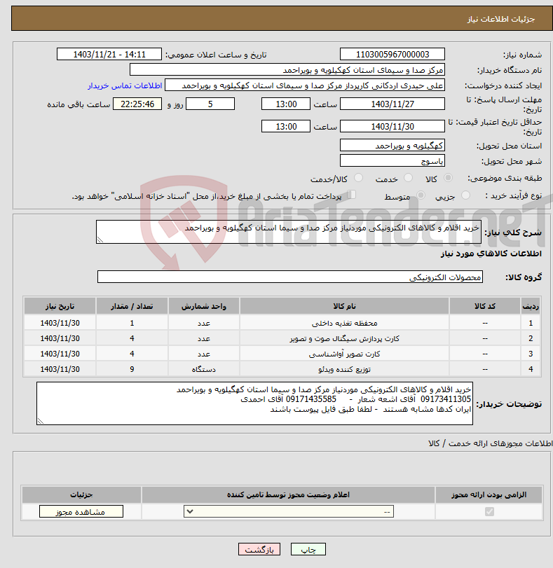 تصویر کوچک آگهی نیاز انتخاب تامین کننده-خرید اقلام و کالاهای الکترونیکی موردنیاز مرکز صدا و سیما استان کهگیلویه و بویراحمد