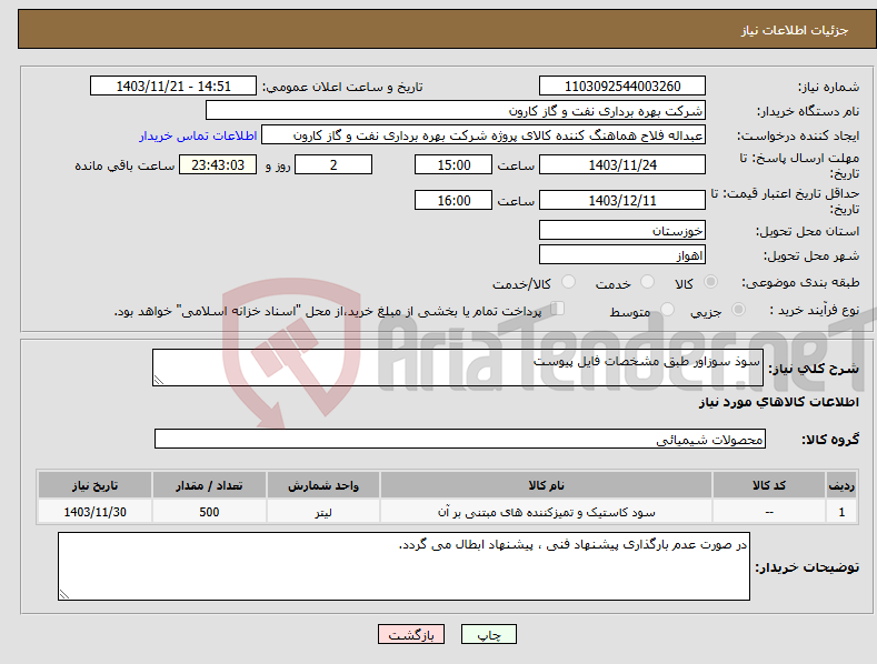 تصویر کوچک آگهی نیاز انتخاب تامین کننده-سوذ سوزاور طبق مشخصات فایل پیوست