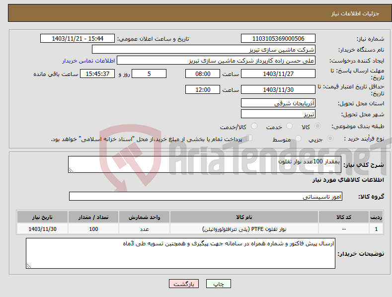تصویر کوچک آگهی نیاز انتخاب تامین کننده-بمقدار 100عدد نوار تفلون 