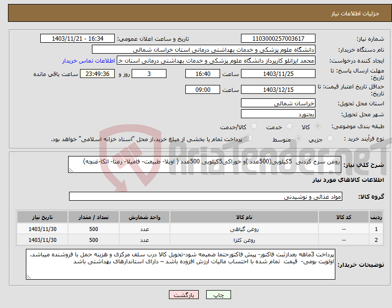 تصویر کوچک آگهی نیاز انتخاب تامین کننده-روغن سرخ کردنی 5کیلویی(500عدد )و خوراکی5کیلویی 500عدد ( اویلا- طبیعت- فامیلا- رعنا- اتکا-غنچه)