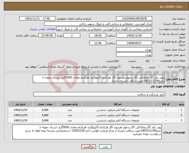 تصویر کوچک آگهی نیاز انتخاب تامین کننده-پودر بلاد آگار ومکانکی اگار و مولر هینتون اگار هرکدام 5کیلوگرم- هرکدام معادل 5000گرم -ارسال نمونه تا تاریخ1403/11/24جهت دریافت تاییدیه از مرکز 