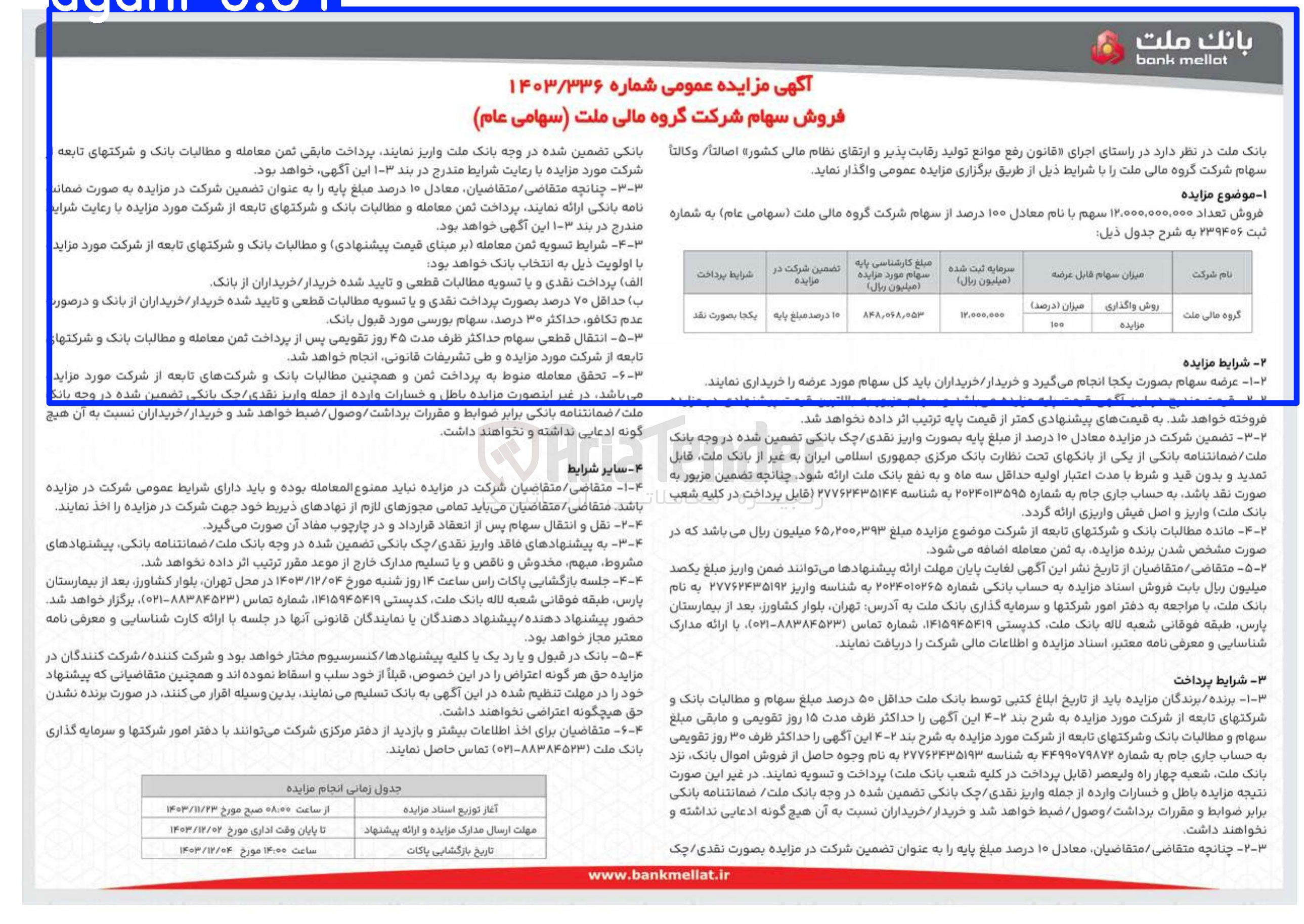 تصویر کوچک آگهی فروش معادل ۱۰۰ درصد از سهام شرکت گروه مالی ملت 