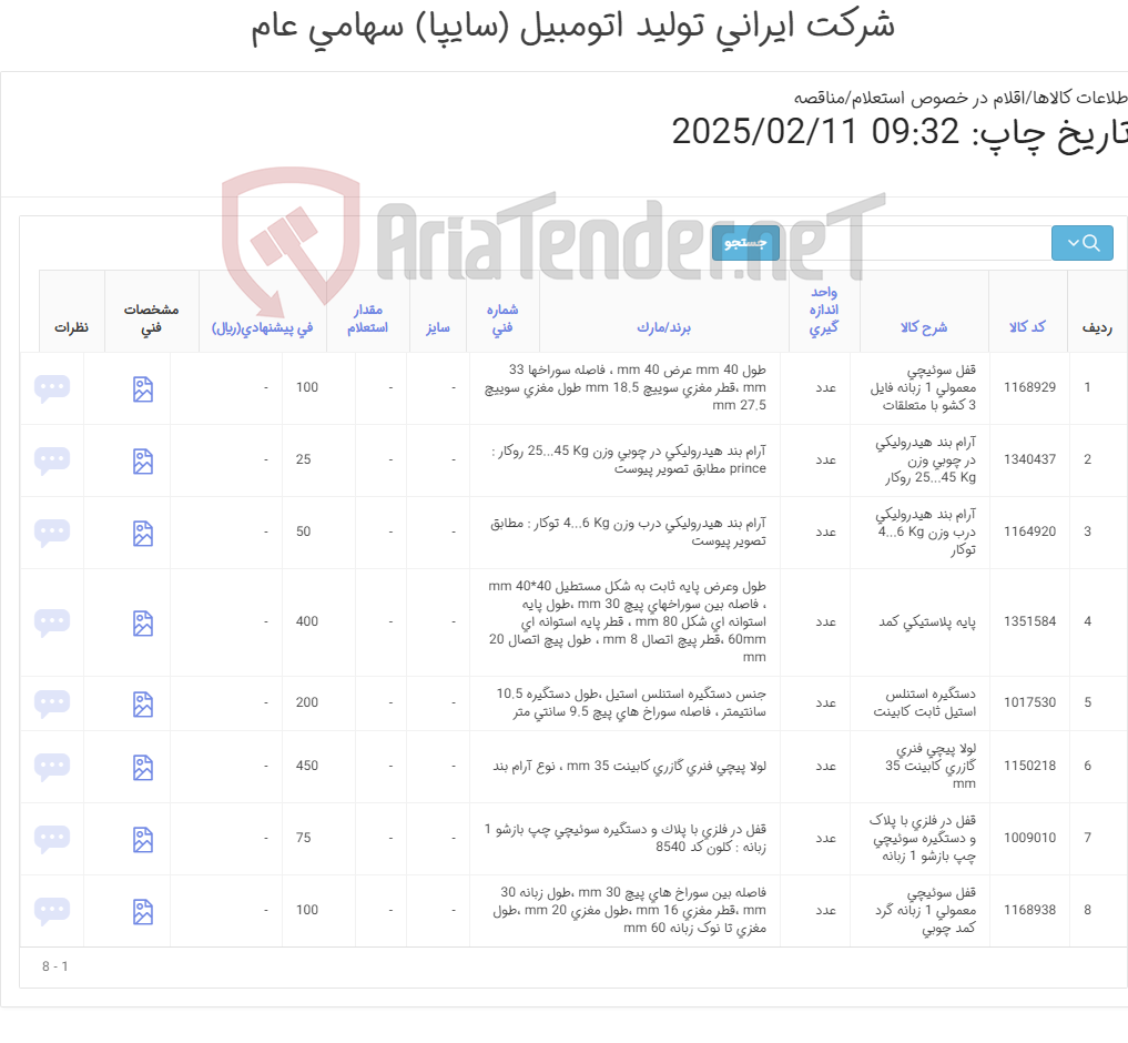 تصویر کوچک آگهی 9 ردیف پایه ,قفل ,لولا و آرام بند (مطابق اطلاعات پیوست )