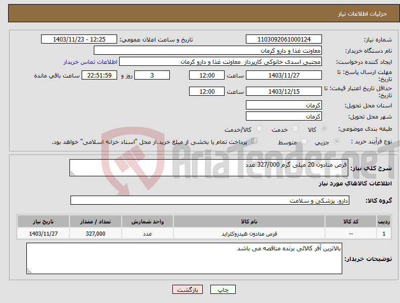 تصویر کوچک آگهی نیاز انتخاب تامین کننده-قرص متادون 20 میلی گرم 327/000 عدد