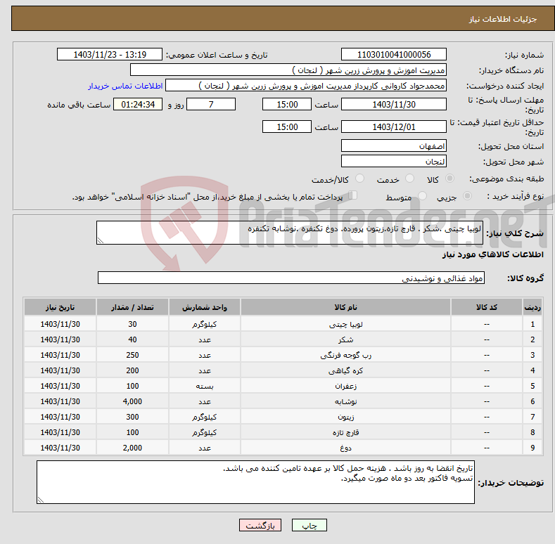 تصویر کوچک آگهی نیاز انتخاب تامین کننده-لوبیا چیتی .شکر . قارچ تازه.زیتون پرورده. دوغ تکنفره .نوشابه تکنفره