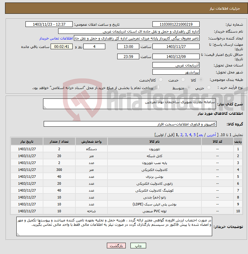 تصویر کوچک آگهی نیاز انتخاب تامین کننده-سامانه نظارت تصویری ساختمان نهاد تمرچین