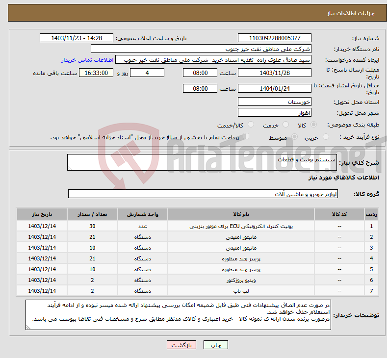 تصویر کوچک آگهی نیاز انتخاب تامین کننده-سیستم یونیت و قطعات