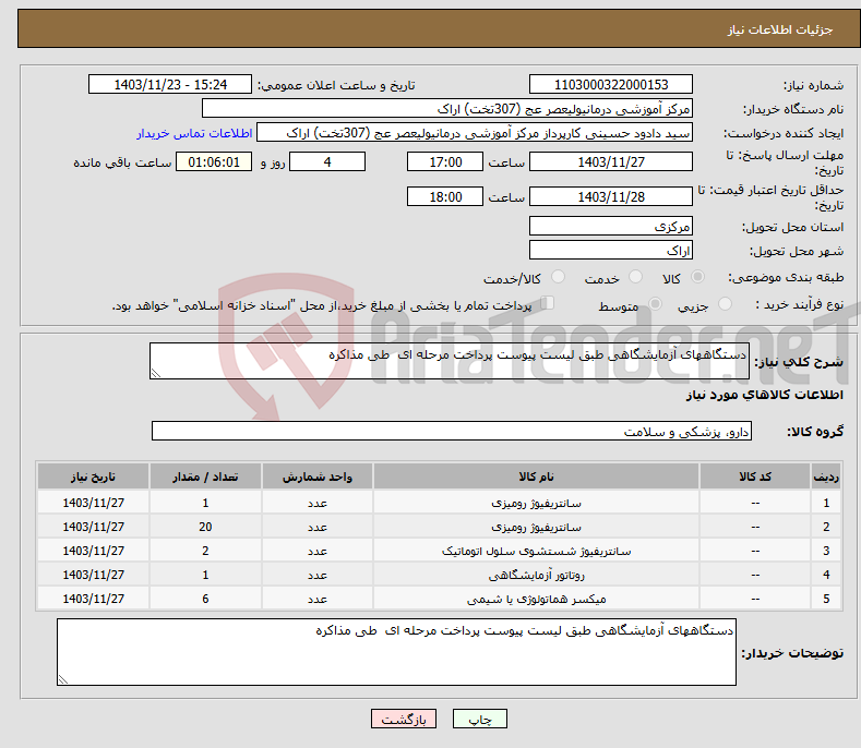 تصویر کوچک آگهی نیاز انتخاب تامین کننده-دستگاههای آزمایشگاهی طبق لیست پیوست پرداخت مرحله ای طی مذاکره 