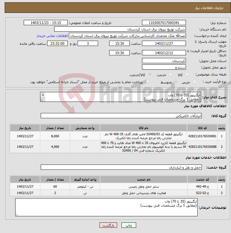 تصویر کوچک آگهی نیاز انتخاب تامین کننده-ایگنیتور (35 تا 70) وات (مطابق 1 برگ مشخصات فنی پیوست) 