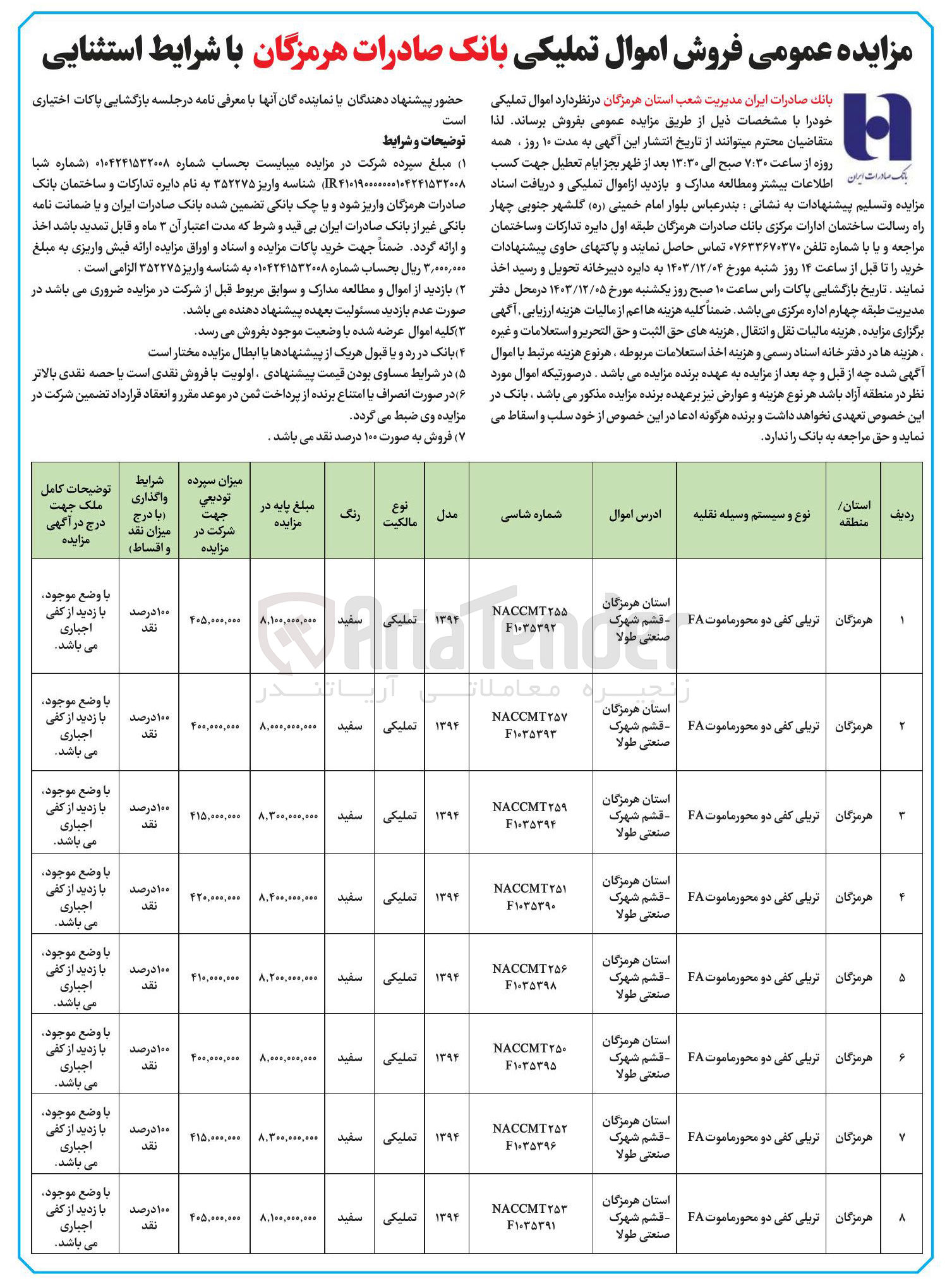 تصویر کوچک آگهی فروش اموال تملیکی در 8 ردیف شامل : تریلی کفی دو محور ماموت FA 