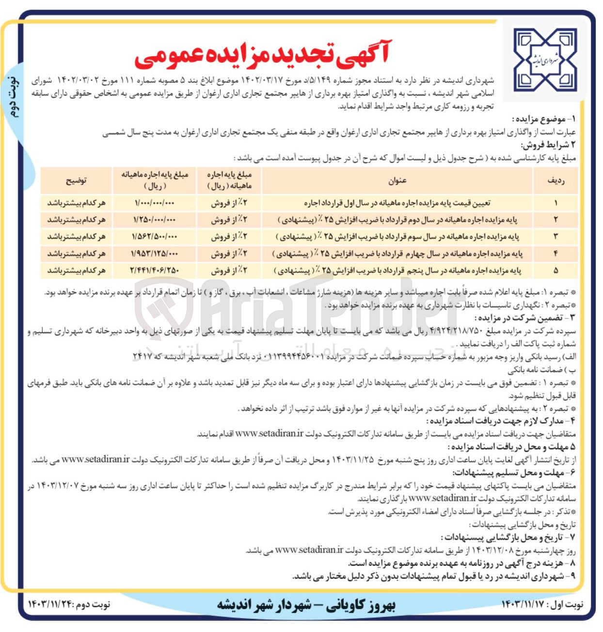 تصویر کوچک آگهی  واگذاری امتیاز بهره برداری از هایپر مجتمع تجاری اداری در 5 ردیف