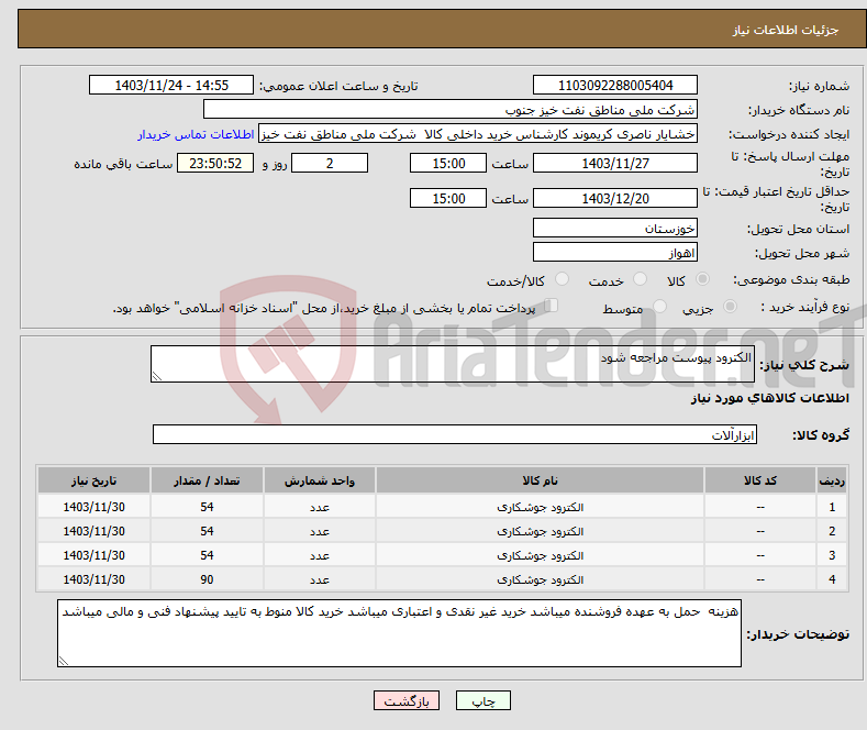 تصویر کوچک آگهی نیاز انتخاب تامین کننده-الکترود پیوست مراجعه شود
