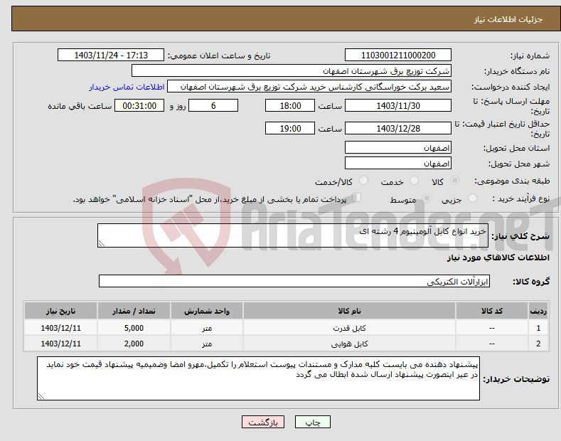 تصویر کوچک آگهی نیاز انتخاب تامین کننده-خرید انواع کابل آلومینیوم 4 رشته ای 