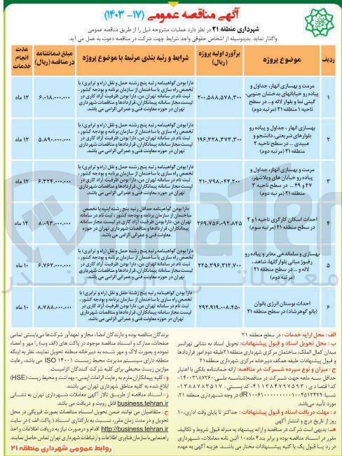 تصویر کوچک آگهی بهسازی انهار ، جداول و پیاده رو بلوارهای شریعتی دانشجو و مبیدی . در سطح ناحیه ۲ منطقه 21