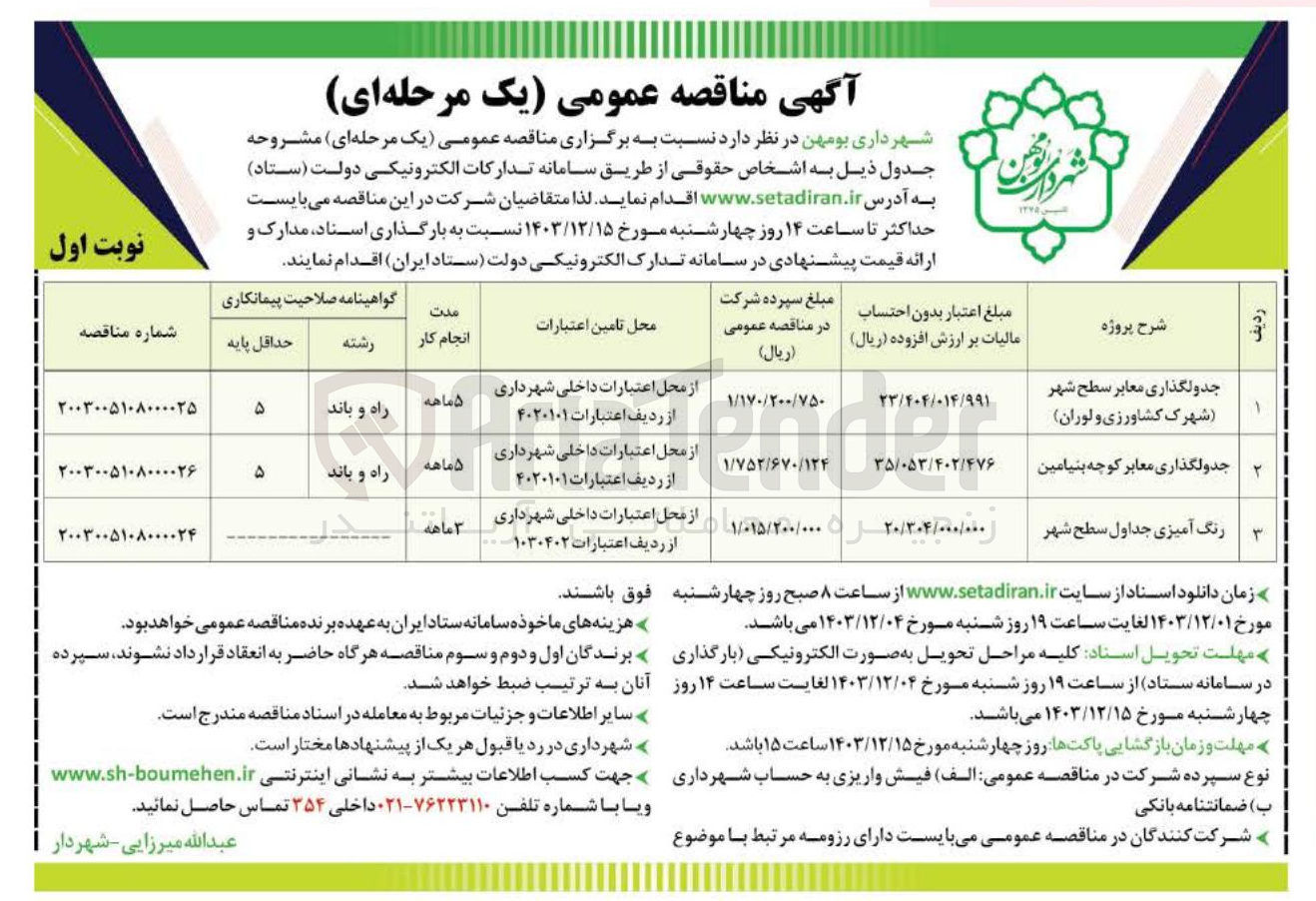 تصویر کوچک آگهی جدولگذاری معابر سطح شهر (شهرک کشاورزی و لوران)