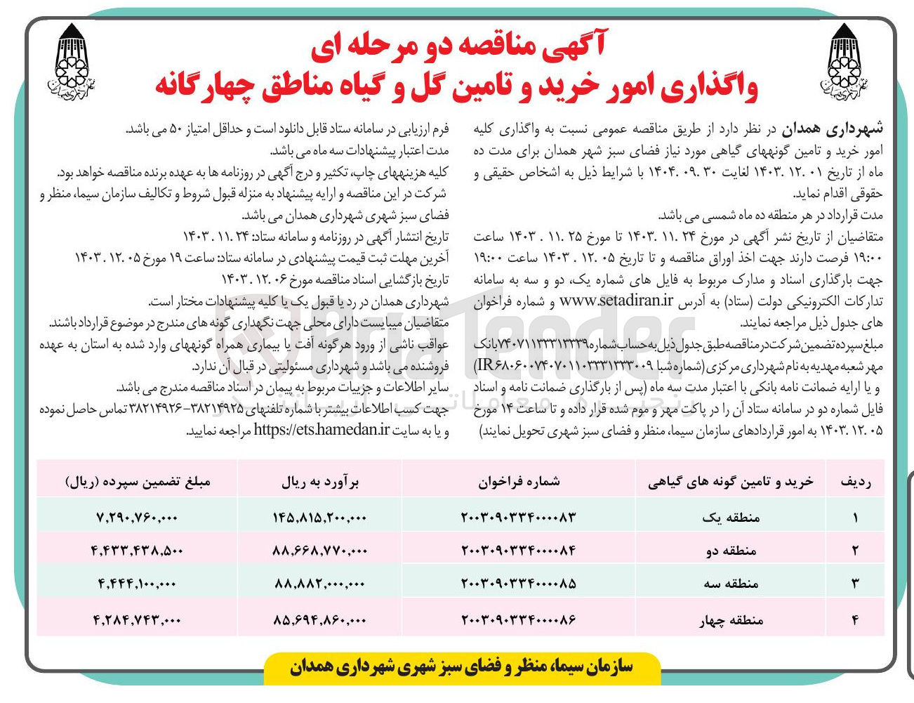 تصویر کوچک آگهی  واگذاری امور خرید و تامین گل و گیاه منطقه دو