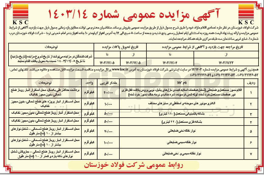 تصویر کوچک آگهی فروش اقلام نسوز مستعمل و ضایعاتی شامل صفحات اسلاید کیت و نازل های پاتیل تویی پروس پلاک ، قفل فلزی دور صفحات مستعمل خرد شده لوله لنس فرسوده شره مذاب و نرمه خاک نسوز خرد شده - الکترو موتورهای سوخته و اسقاطی در سایزهای مختلف - بشکه پلاستیکی مستعمل ( ۱۸۰ لیتری ) - بشکه فلزی مستعمل ( ۲۲۰ لیتری ) - نوار نقاله نخی ضایعاتی - نوار نقاله سیمی ضایعاتی - نوار نقاله سیمی و نخی ضایعاتی 