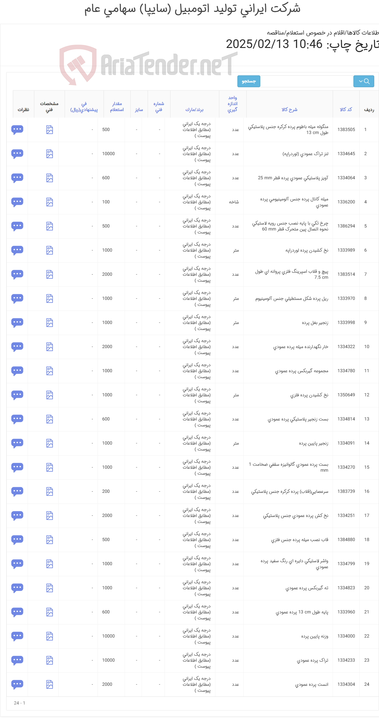 تصویر کوچک آگهی 24 ردیف اقلام پرده (مطابق اطلاعات پیوست )