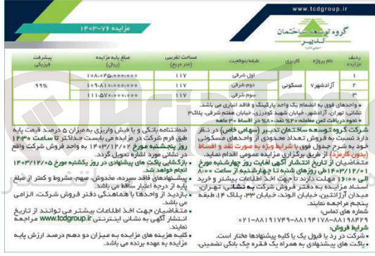 تصویر کوچک آگهی فروش تعداد محدودی از واحدهای مسکونی در 3 ردیف در پروژه آزادشهر 7