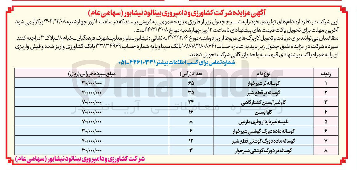 تصویر کوچک آگهی فروش دامهای تولیدی در 8 ردیف گوساله نر شیرخوار - گوساله نر قطع شیر - گاو غیر آبستن کشتارگاهی - گاو آبستن