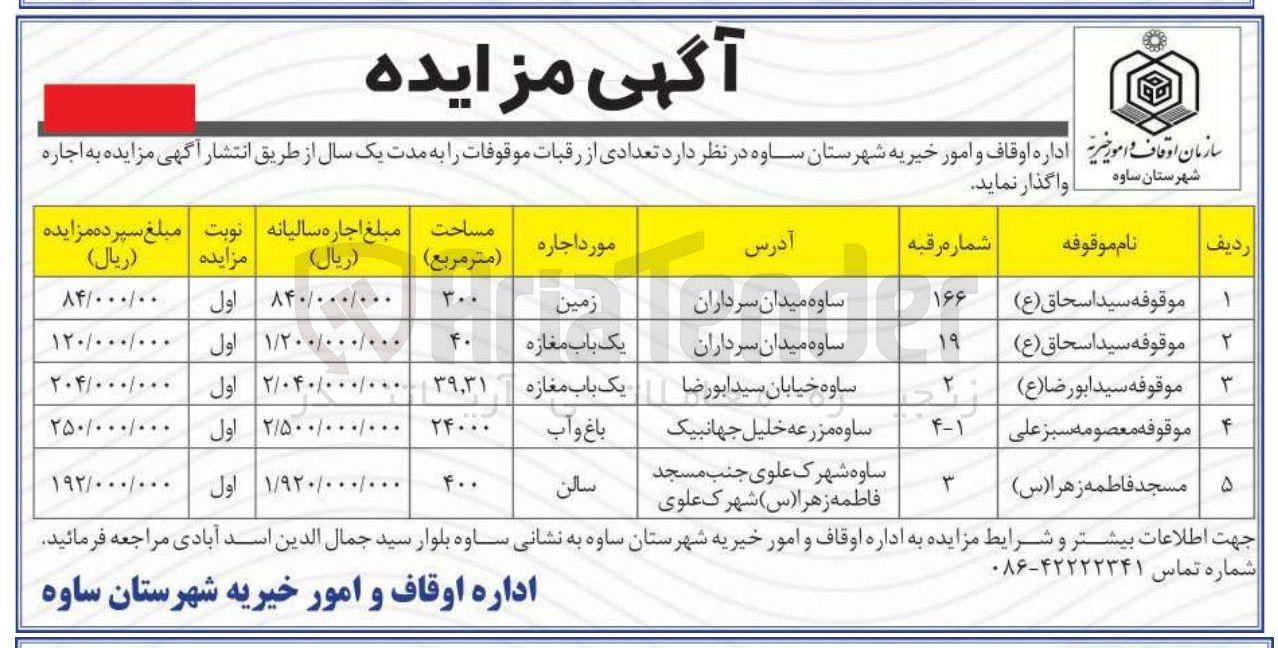 تصویر کوچک آگهی اجاره تعدادی از رقبات موقوفات در 5 ردیف با کاربری تجاری، سالن، باغ و آب