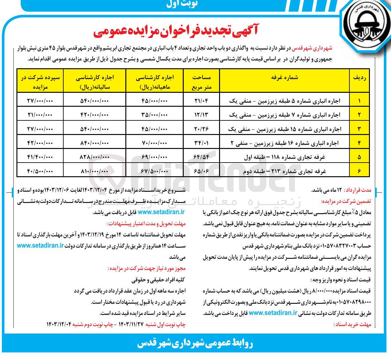 تصویر کوچک آگهی واگذاری دو باب واحد تجاری و تعداد ۴ باب انباری 