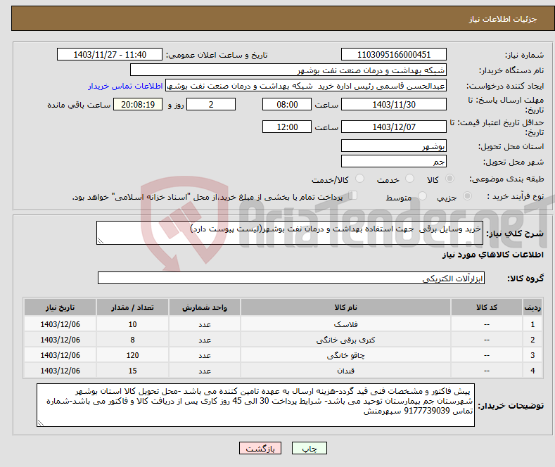 تصویر کوچک آگهی نیاز انتخاب تامین کننده-خرید وسایل برقی جهت استفاده بهداشت و درمان نفت بوشهر(لیست پیوست دارد)