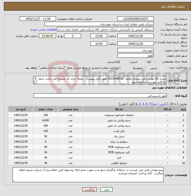 تصویر کوچک آگهی نیاز انتخاب تامین کننده-شرح کالا لوازم برقی شماره تقاضا 0315948012 طبق فایل پیوست . توجه: ایران کد مشابه می باشد حتما به فایل پیوست مراجعه شود. 