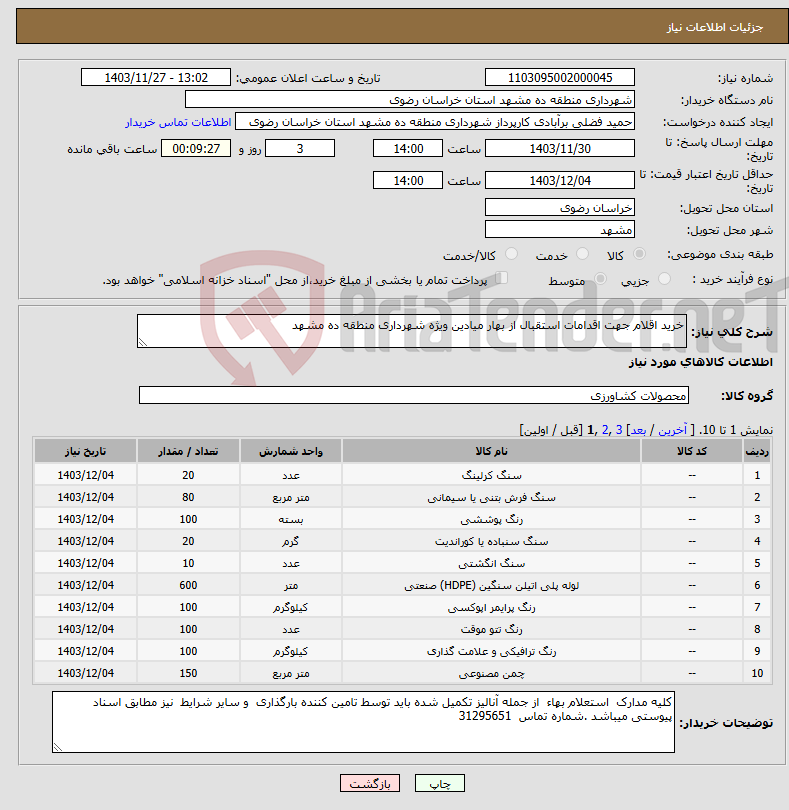 تصویر کوچک آگهی نیاز انتخاب تامین کننده-خرید اقلام جهت اقدامات استقبال از بهار میادین ویژه شهرداری منطقه ده مشهد