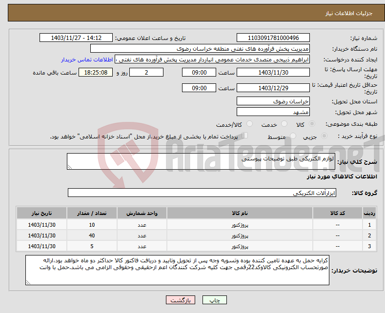 تصویر کوچک آگهی نیاز انتخاب تامین کننده-لوازم الکتریکی طبق توضیحات پیوستی