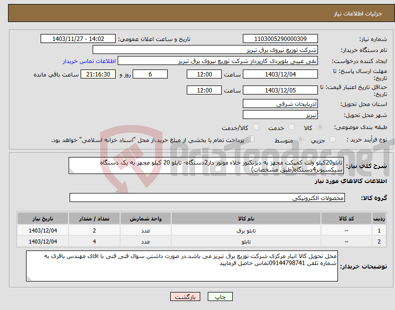 تصویر کوچک آگهی نیاز انتخاب تامین کننده-تابلو20کیلو ولت کمپکت مجهز به دیژنکتور خلاء موتور دار2دستگاه- تابلو 20 کیلو مجهز به یک دستگاه سیکسیونر4دستگاه(طبق مشخصات)