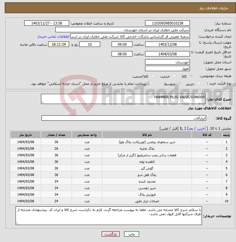 تصویر کوچک آگهی نیاز انتخاب تامین کننده-HAMMER PLUG VALVE/0346009