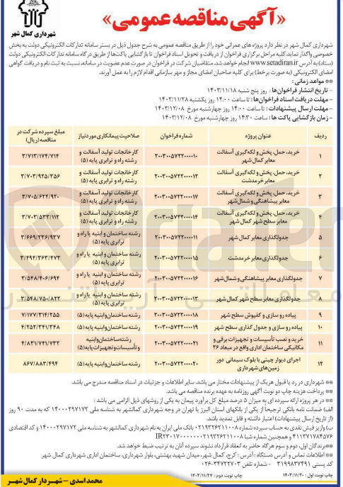 تصویر کوچک آگهی جدولگذاری معابر کمال شهر