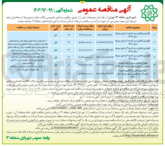 تصویر کوچک آگهی نگهداری اراضی جنگلکاری خجیر سعید آباد و ترقبون و امور مرتبط سال 1404 