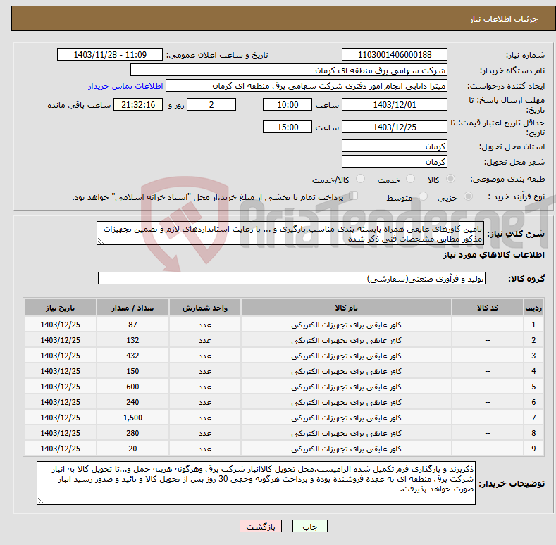 تصویر کوچک آگهی نیاز انتخاب تامین کننده-تامین کاورهای عایقی همراه بابسته بندی مناسب،بارگیری و ... با رعایت استانداردهای لازم و تضمین تجهیزات مذکور مطابق مشخصات فنی ذکر شده