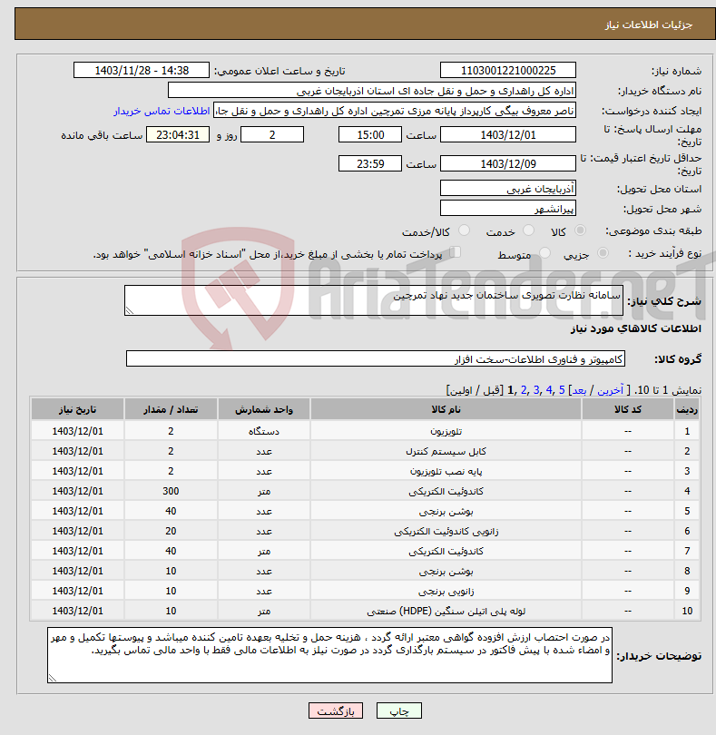 تصویر کوچک آگهی نیاز انتخاب تامین کننده-سامانه نظارت تصویری ساختمان جدید نهاد تمرچین