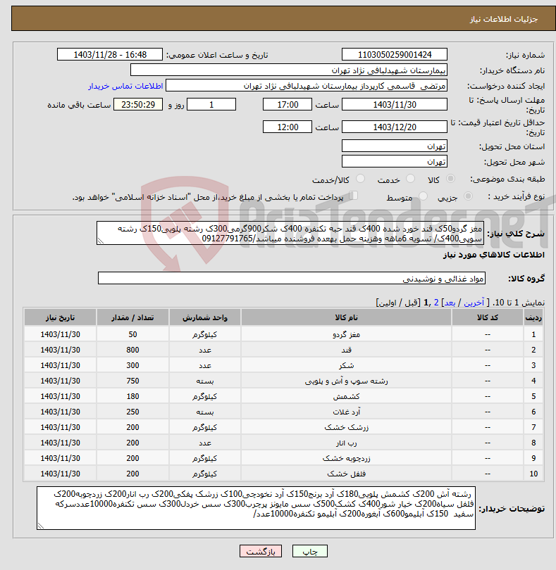 تصویر کوچک آگهی نیاز انتخاب تامین کننده-مغز گردو50ک قند خورد شده 400ک قند حبه تکنفره 400ک شکر900گرمی300ک رشته پلویی150ک رشته سوپی400ک/ تسویه 6ماهه وهزینه حمل بهعده فروشنده میباشد/09127791765