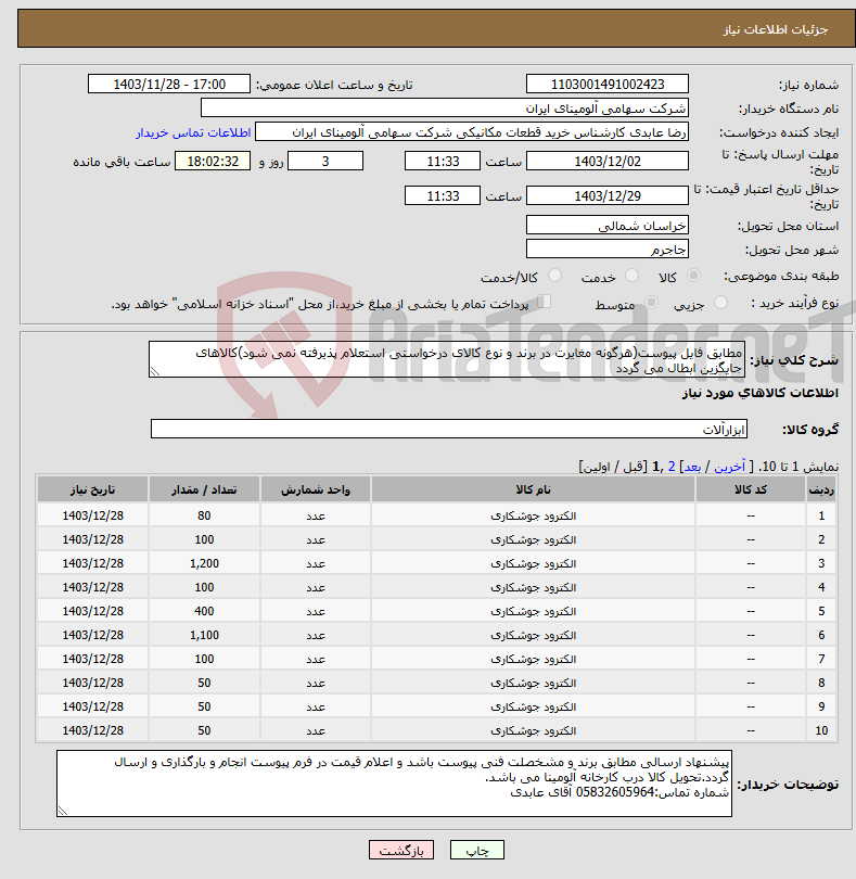 تصویر کوچک آگهی نیاز انتخاب تامین کننده-مطابق فایل پیوست(هرگونه مغایرت در برند و نوع کالای درخواستی استعلام پذیرفته نمی شود)کالاهای جایگزین ابطال می گردد